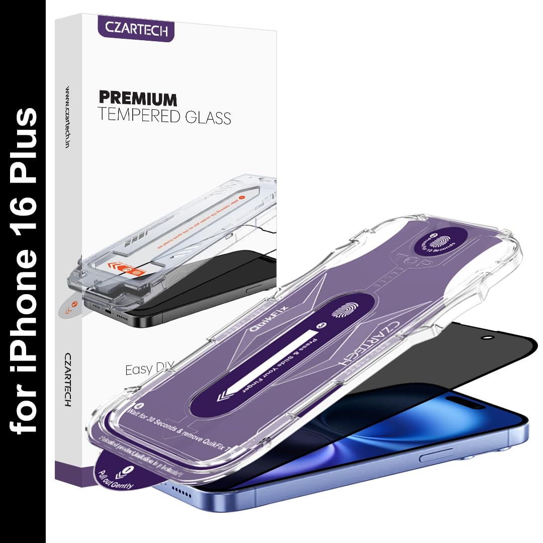 Czartech Auto Align [PRIVACY] Tempered Glass Screen Protector for iPhone 16 Plus with QuikFix Applicator & Easy Cleaning Kit | 9H Full Cover Screenguard-image-17