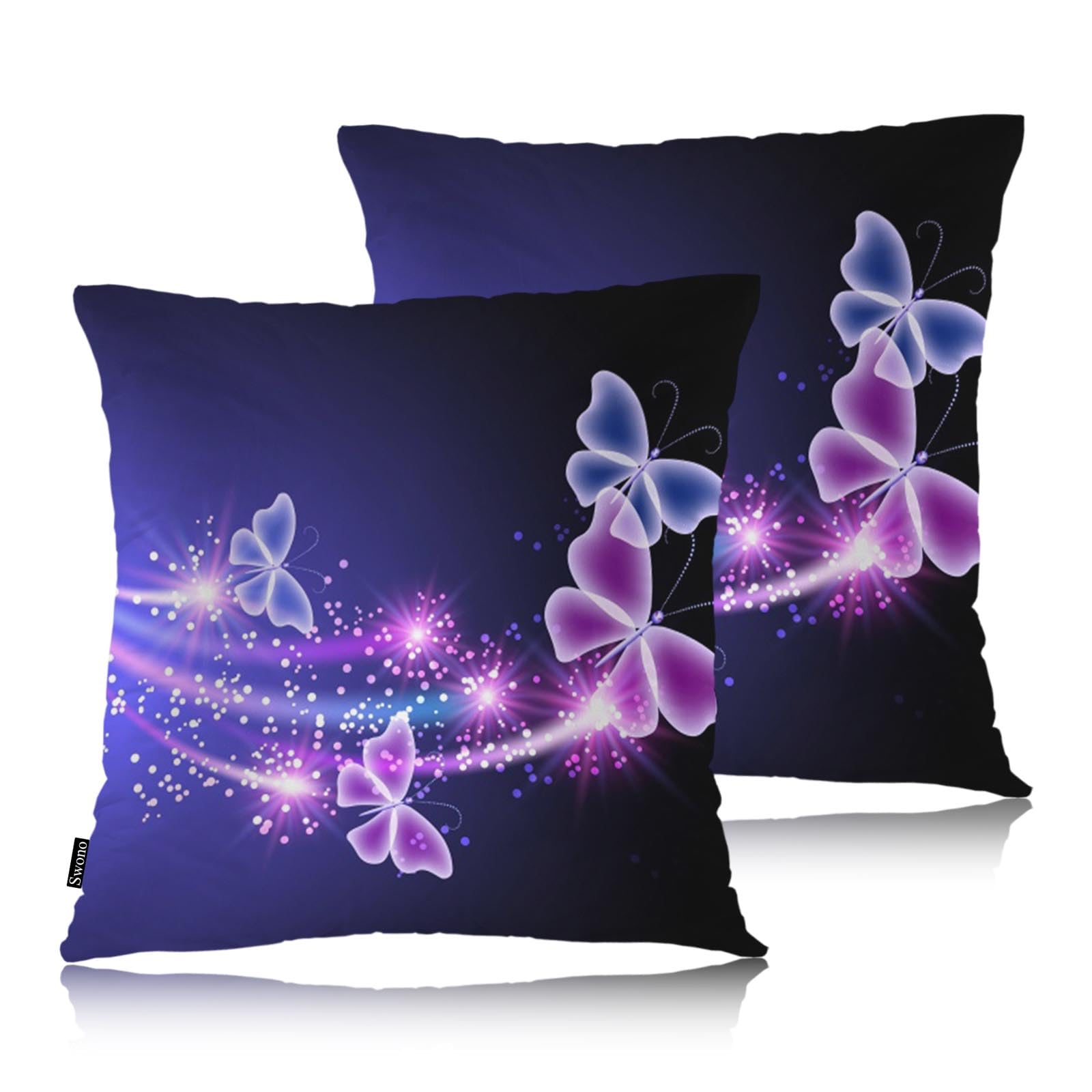 SwonoButterfly Throw Pillow Case, Glowing Butterflies Stars Square Home Decorative Cushion Cover for 18 X 18 Inches Pillow Covers, Purple 2 Pack Pillowcases for Bedroom Office Dorm Couch
