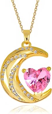 Crystal Zircon Moon Heart Pendant Crescent Necklace | Plated 18k Gold Gemstone Birthstone Statement Planet Diamond Jewelry Gift for Wife Mom Daughter Girlfriend