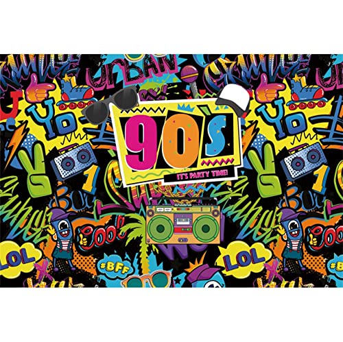Aoihrraan 3x2,5m Back to The 90's Photography Backdrop Cartoon Graffiti Wall It's Party Time Hip Hop Theme Background Retro Music Rock Punk Disco Theme Party Decoration Banner Photo Studio Props