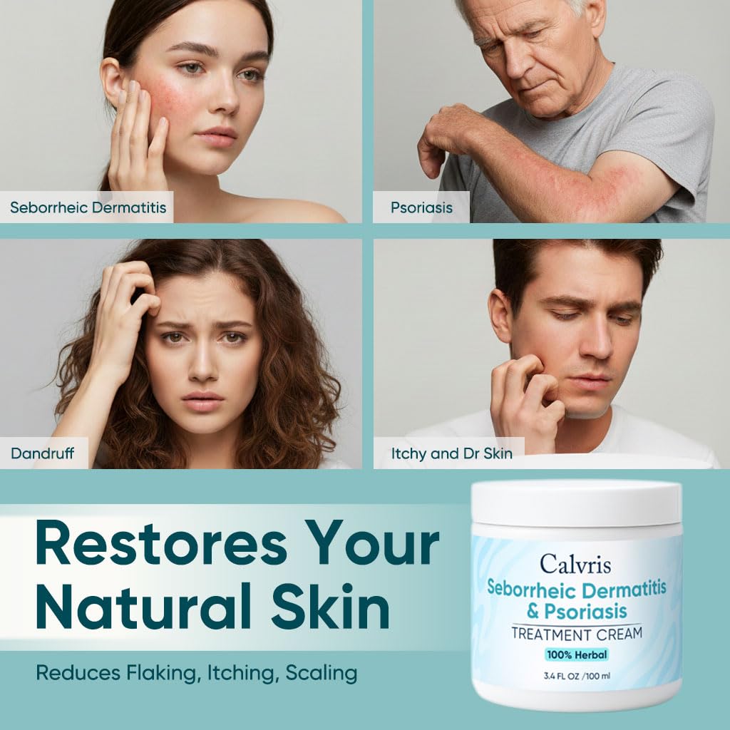Calvris Scalp & Beard Relief Cream - Steroid-Free Botanical Formula with Kudzu Root, Goldthread & Jojoba Extract - Soothing Relief & Cooling Sensation - for Dry, Itchy Scalp & Skin (3.4 Fl Oz) (A)