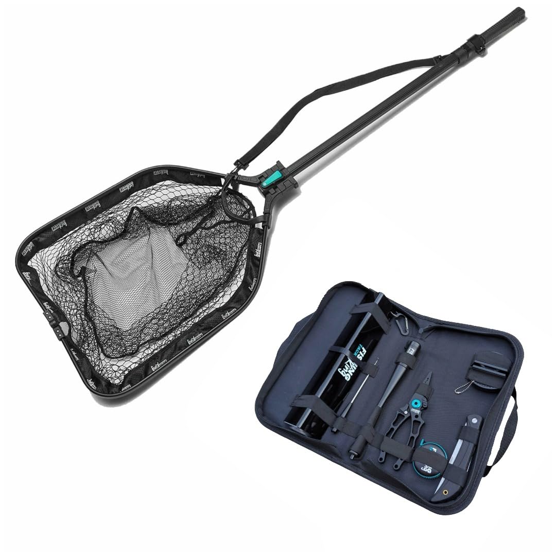 Fishing-King Tackle Waidgerechtes Zubehörset mit Kescher | inkl. Fischtöter, Angelmesser, Maßband, Abhakmatte, Multizange, Tasche