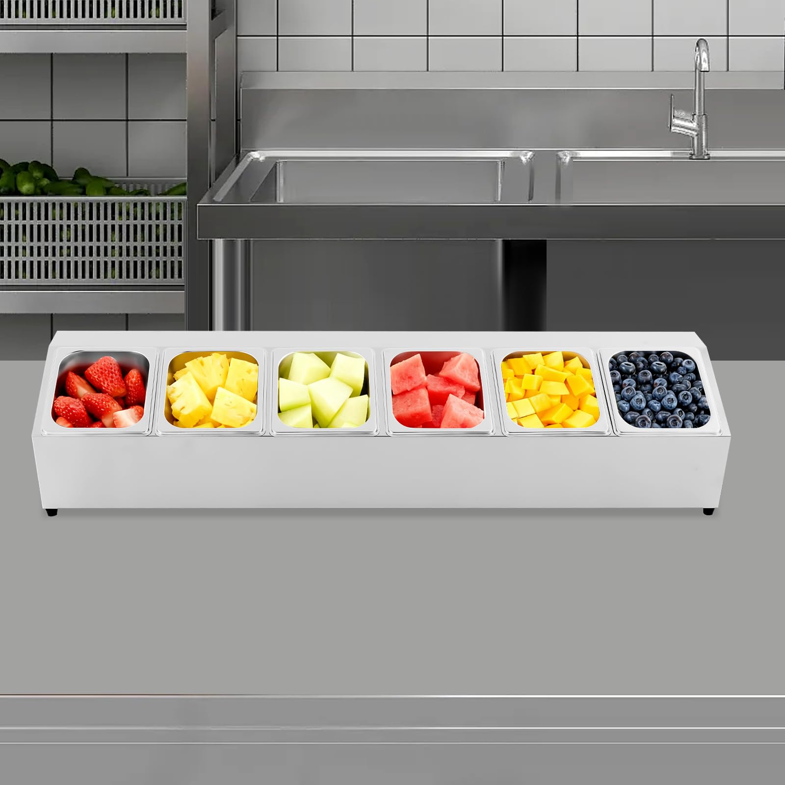 Recipiente para ingredientes de acero inoxidable, especiero con 6 recipientes para alimentos y tapa, estante biselado con pies de goma antideslizantes, recipiente gastronorm para cocina, restaurante
