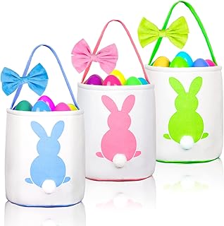 3 Pcs Easter Bunny Basket for Kids Bag Empty Easter Egg Hunt Baskets with Detachable Bow Rabbit Fluffy Tail Bunny Canva Bags Tote Gifts Bags for Easter Eggs Hunt, Easter Party Favor