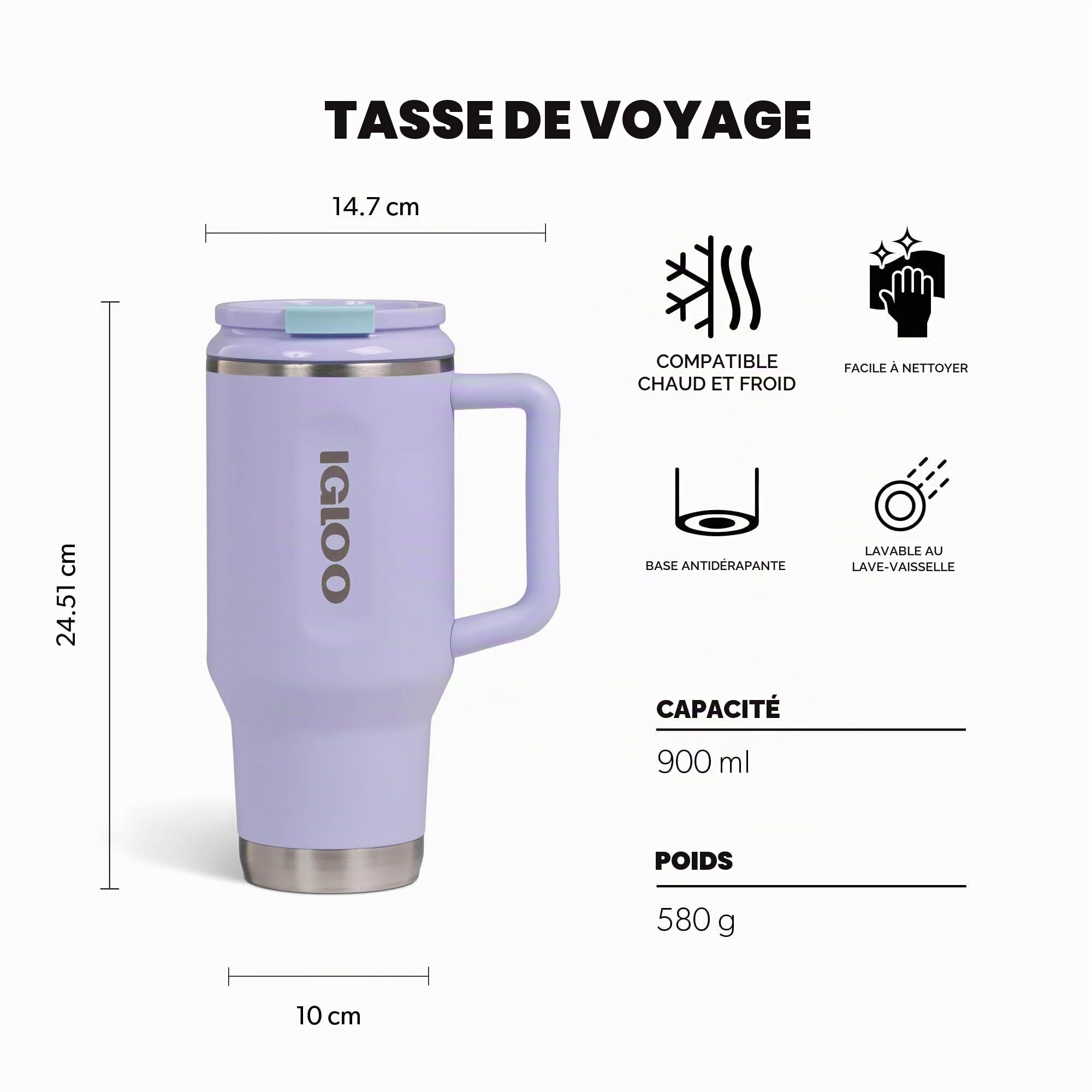 Igloo TRAVEL MUG 32 gobelet isotherme 900ml inox avec paille – tasse étanche compatible boissons gazeuses, sans BPA – garde les boissons 12h chaudes & 48h froides, idéale en déplacement