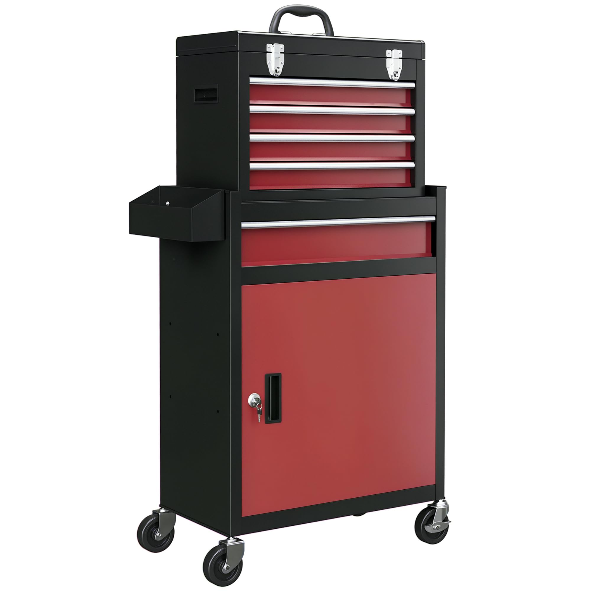 HOMCOM Carro de Herramientas con 5 Cajones y Cerraduras Carro de Taller con Ruedas Caja de Herramientas de Acero con Puerta Extraíble para Taller Garaje Negro y Rojo