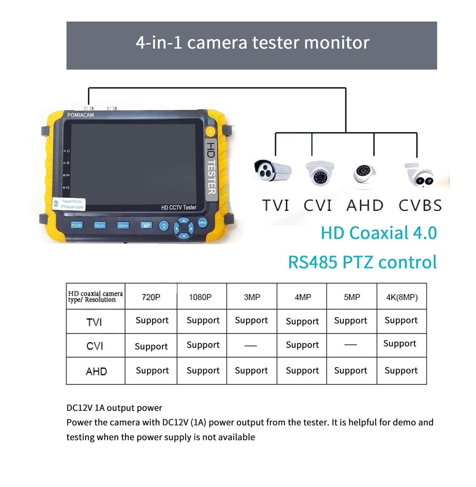 Tester per telecamere IP Monitor Telecamera Ahd, Tester CCTV, Strumento Di Test Telecamere 4 In 1, Controllo Ptz, Monitor Di Ingresso. Uscita Alimentazione CC 12 V Monitor per tester TVCC di sicurezza
