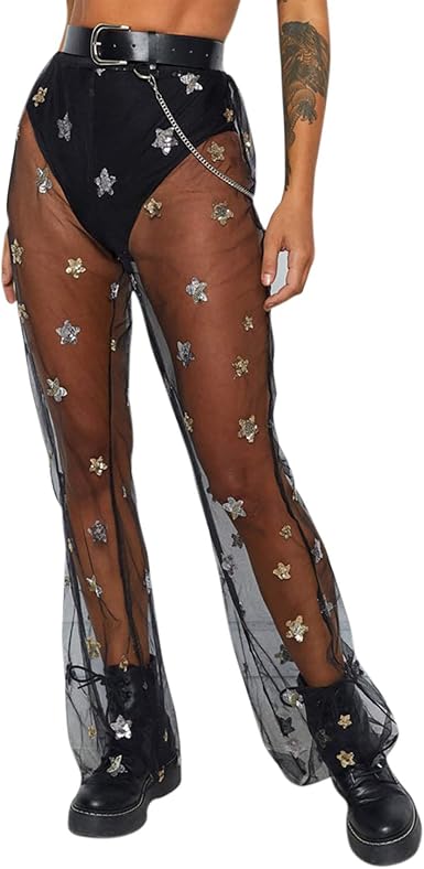 Women Sequin Mesh Pants Sparkl Glitter 
