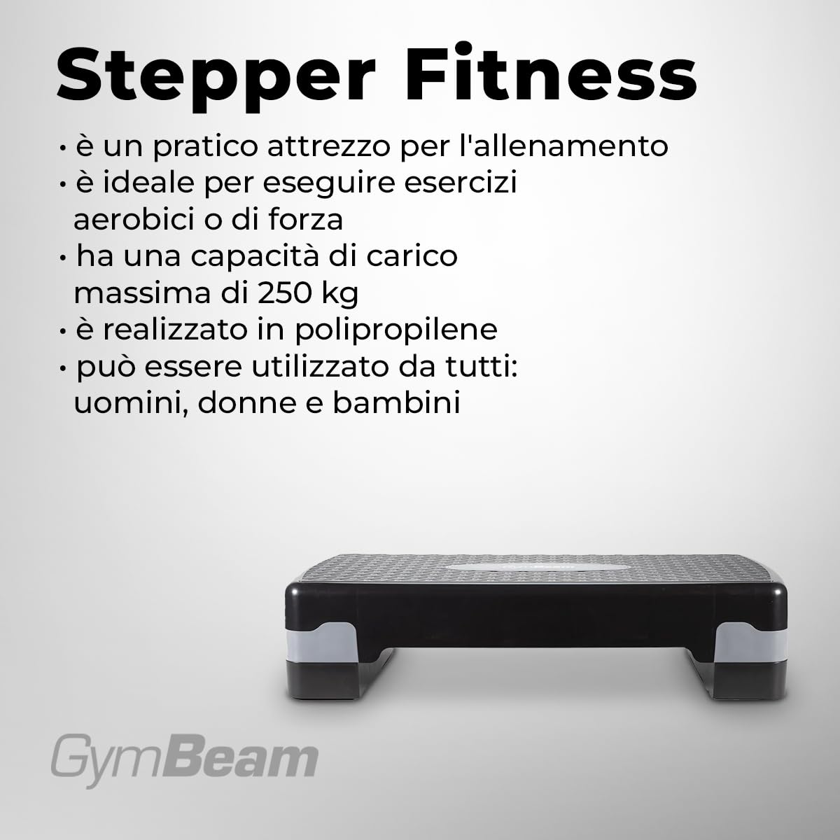 GymBeam Stepper Fitness Casa, Pedana Step per Allenamento Aerobico e di Forza, Attrezzo in Polipropilene, Capacità di Carico Massima 250kg, Ideale per Uomini, Donne e Bambini
