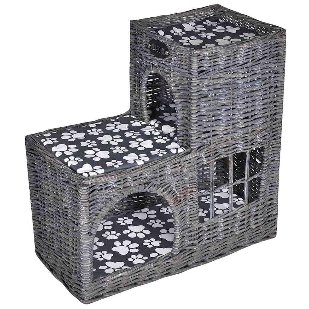 Kuschelhöhle für Katzen aus Weide mit Kissen, 50 x 25 x 51 cm, für Schlafplatz und Rückzug, grau, mit Welcome Schild, für Katzen und Hunde