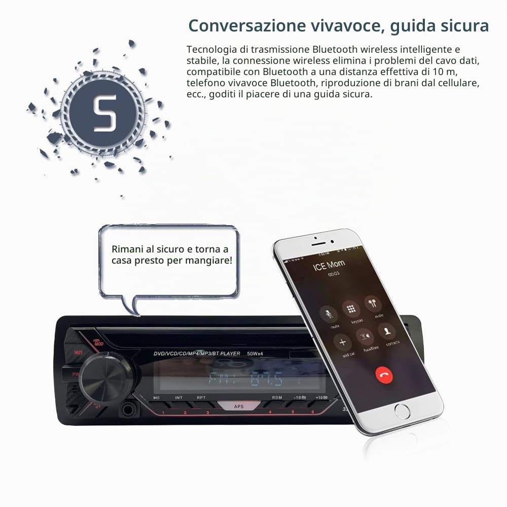 Autoradio Stereo Pannello Rimovibile 1 DIN 12V Radio FM MP3 Bluetooth CD VCD MP3 SD USB Ricevitore Multimediale Auto