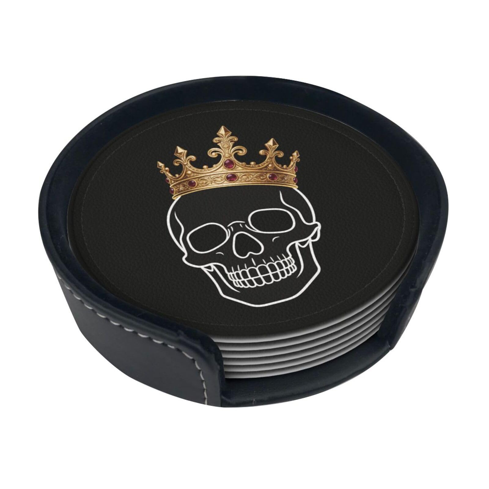 Crown Skull Flat Leather Coasters-Set of 6 with Storage Holder