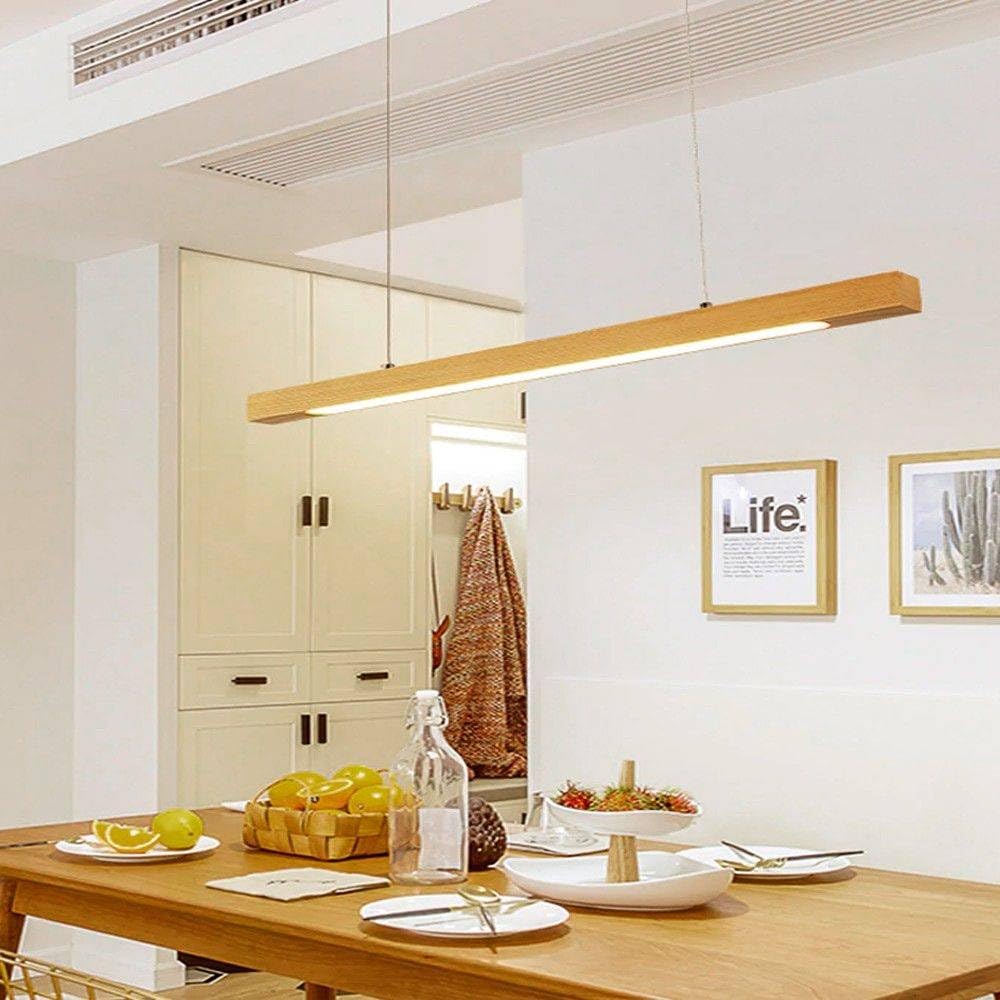 BARCELONA LED Lámpara colgante de madera COAK 24W regulable TRIAC 1920lm 2800K luz cálida lámpara techo moderna diseño lineal minimalista madera y metal para comedor salón oficina IP20 1200x465mm