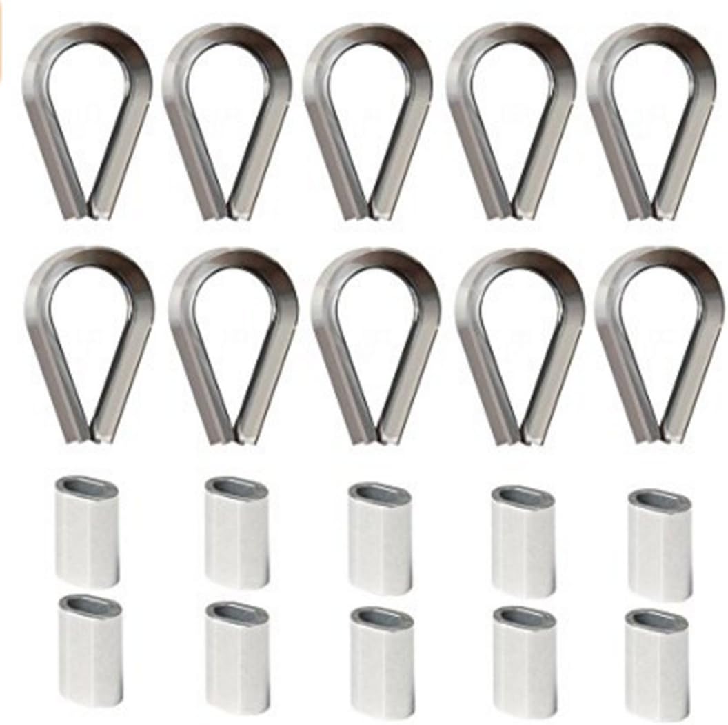 VEDA 10 x 4mm stainless steel wire rope thimble Rigging 4mm AISI 316, V4A + 10x Wire Rope Swage Clip M4 Oval Aluminum Sleeves Clamps