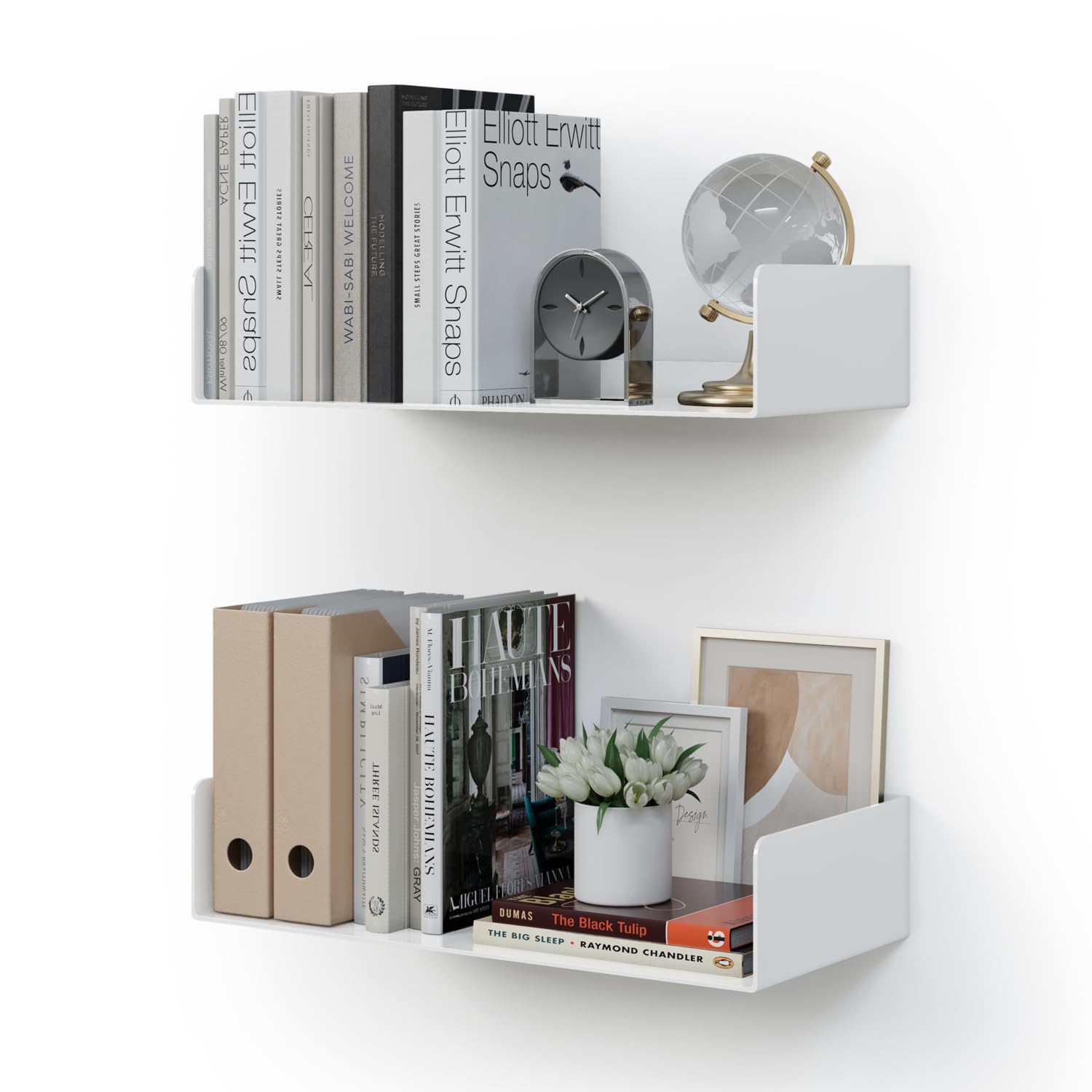 CASSA KIVO Ścienne Metalowe Półki Wiszące w kształcie U Zestaw 2 szt., 43 cm x 20 cm Półka na książki do sypialni, salonu, biura, łazienki, kuchni Nowoczesne (Biały)