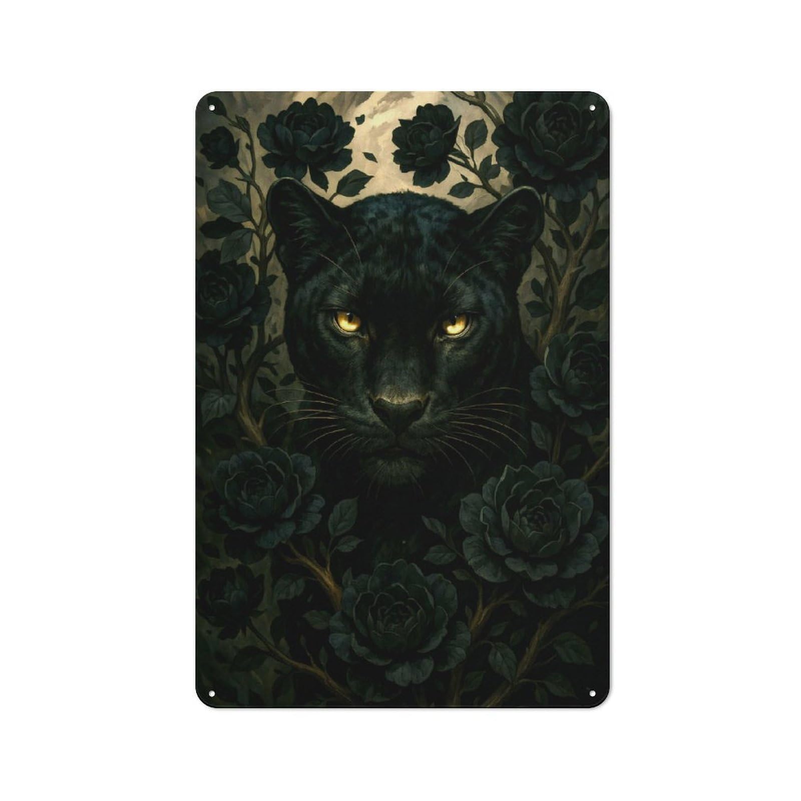 Junmoney Style-20 Metal Sign 30X20cm With Black Panther Surrounded By Dark Roses For Hallway Wall, Retro Decor, Gift For Hallway Decor Lovers During The Christmas Season