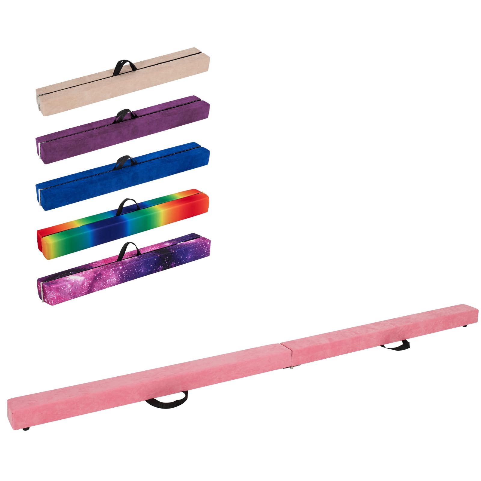 GYMAX 7FT/9FT Folding Gymnastics Balance Beam, Professional Training Beam with Carry Handles, Solid Wood Base and Anti-slip Bottom, Floor Gymnastics Equipment for Home Gym (Pink, 9FT)