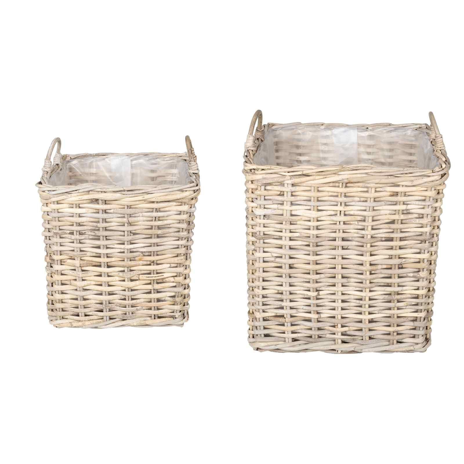 Juego de 2 macetas con almacenamiento de mimbre Kubu en gris natural para interior y exterior, plegable, con revestimiento interior impermeable, ideal para plantas, decoración