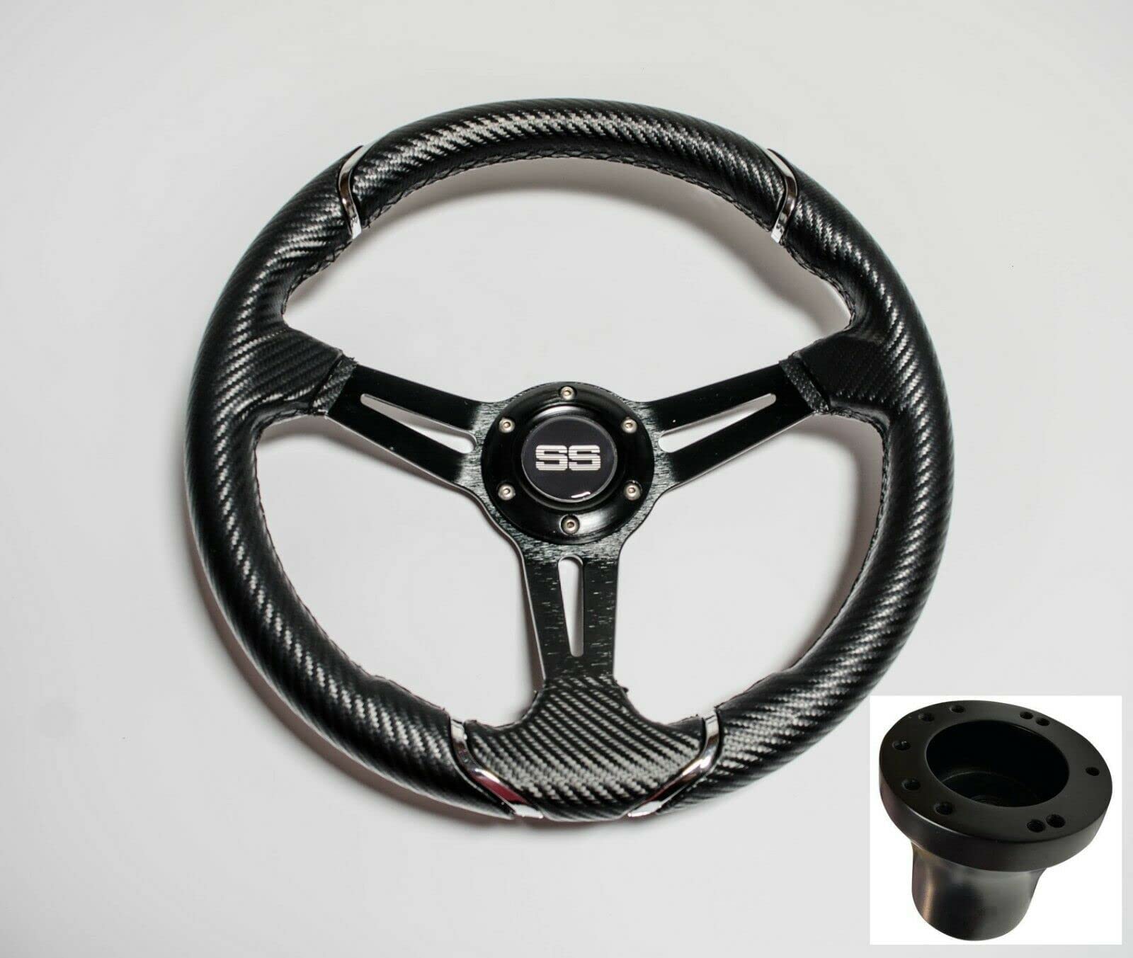 Huskey 13Inch Rally Style Carbon Fiber Steering Wheel for EZGO/TXT/RXV Golf Carts With UV Coated PVC Material,Includes a 5/6 Hole Hub Adapter of Carbon Steel With Matt Black Surface Finish