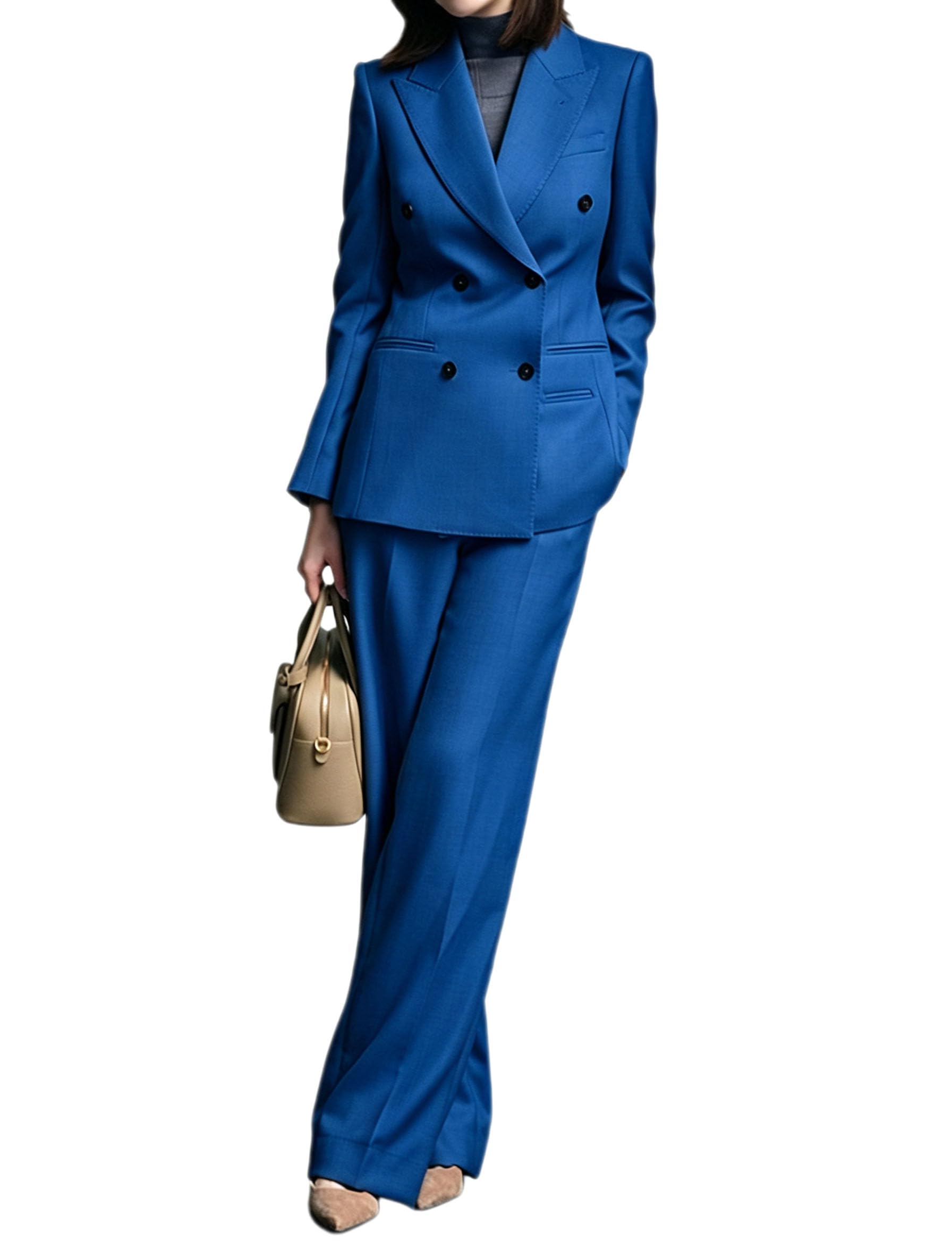 Donna Abito Doppiopetto Prom Business Giacca con Revers a Lancia Pantaloni a Gamba Larga