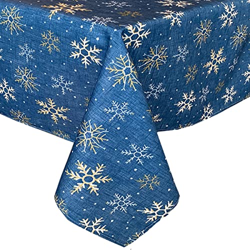 Lintex Blue Farmhouse Snowflake Fabric Christmas Tablecloth - Blue, Gold And White Country Rustic Holiday Tablecloth, 52” X 70” Oblong/Rectangle #TOP6