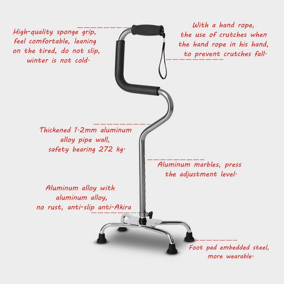 Bastone da passeggio/bastone, assistito per alzarsi a quattro zampe regolabile 78-95,5 cm impugnatura morbida leggera per anziani/donne/uomini lega di alluminio 1,2 kg carico 130 kg, stampelle Times