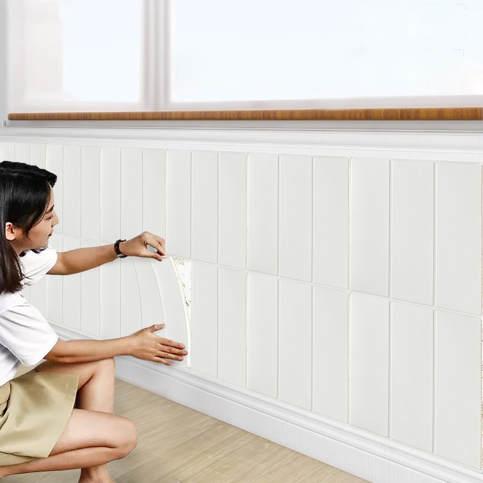 Tarwanear 20PCS White Wooden Panel Peel and Stick 3D Wall Panels 35ร35cm Self Adhesive Wall Tile Stickers Waterproof Removable Home Decor for Kitchen Bathroom Ceiling โ image 1