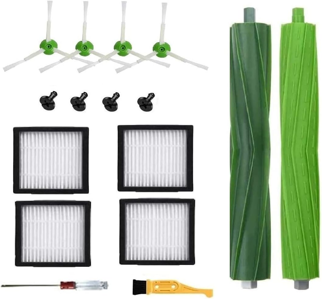 Replacement Parts Copatible with iRobot Roomba E5 i7 i7+ i3 i3+ i4 i4+ i6 i6+ i8 i8+/Plus E6 E7 Plus E&I&j Series Robot Vacuum Accessories 1 Set Rubber Brushes 4 HEPA Filters 4 Side Brushes