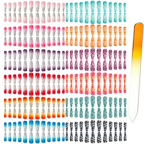 editTime 12Sets / 288pcs Matte or Glossy Acrylic Stiletto False Nails Full Cover Fake Nails Tips Natural Medium Claw Nails Tips with a Crystal Nail Rubbing Strip (Long Mixed)