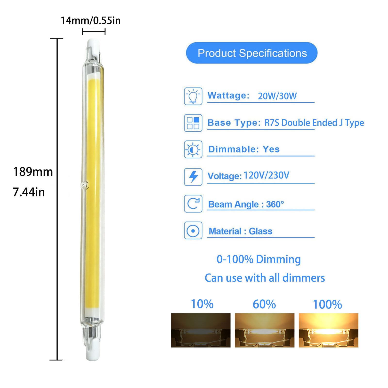 R7S COB LED Bombillas 189mm 20W J189 Bombilla Tubo Lineal Regulable