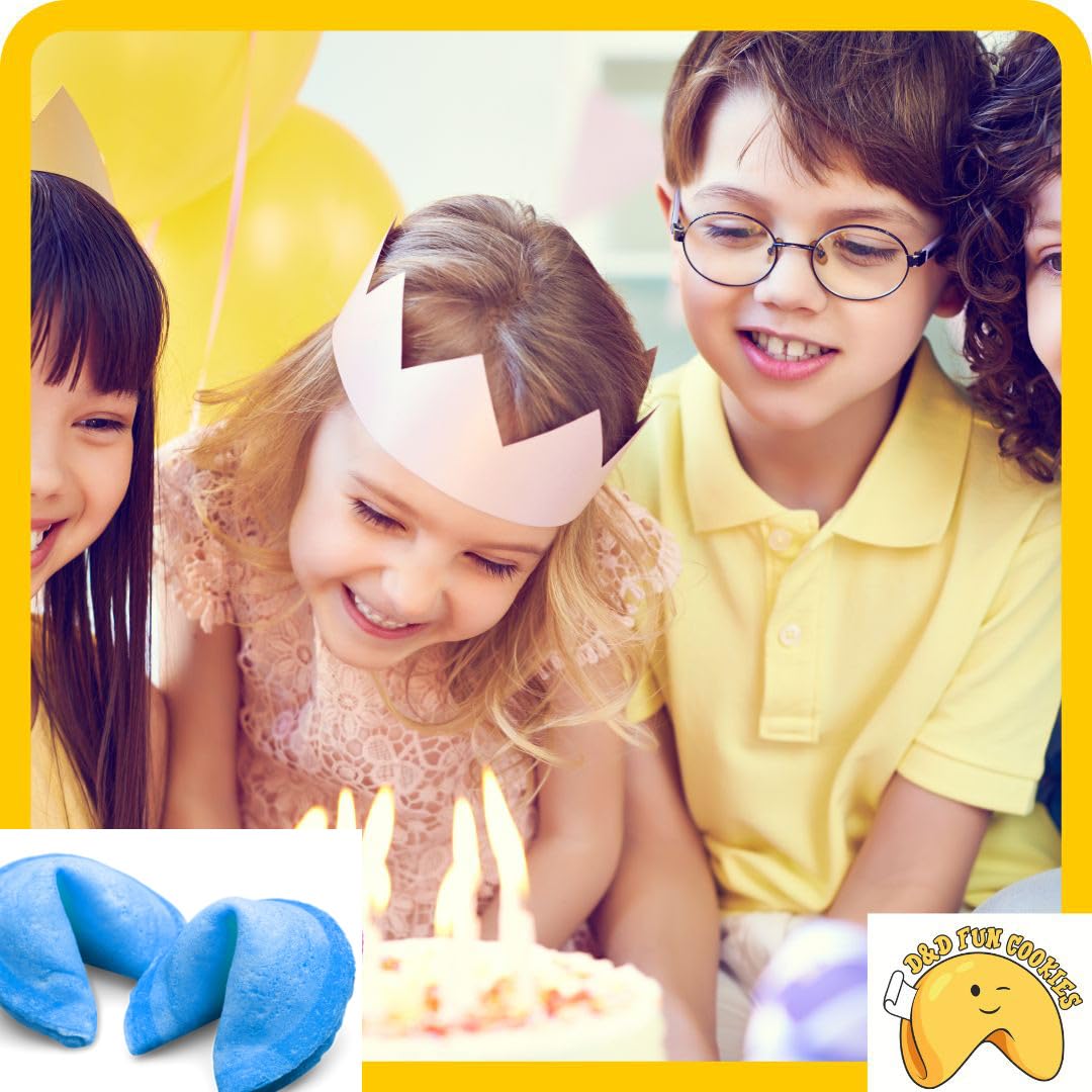 Biscotti cinesi della fortuna, biglietti profetici, biscotti blu, per regalo, compleanno del bambino, festa, per gli ospiti, per la festa, biscotti di buona fortuna, magia, gusto vaniglia (100 pezzi)