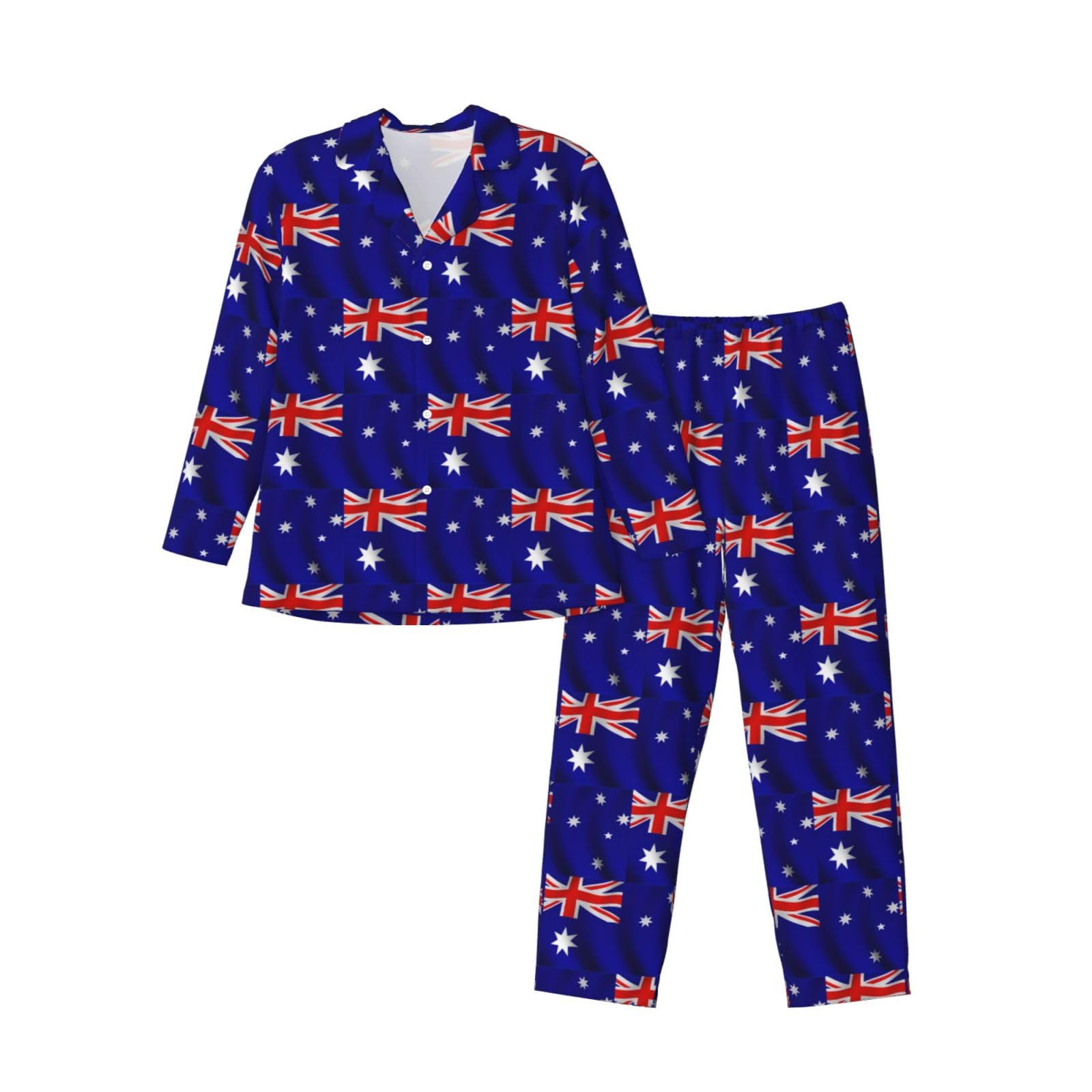 Fgwaauh Men's Black Australian Flag Pajamas Set Button Down Pjs Set For Long Sleeve Sleepwear Loungewear With Pockets