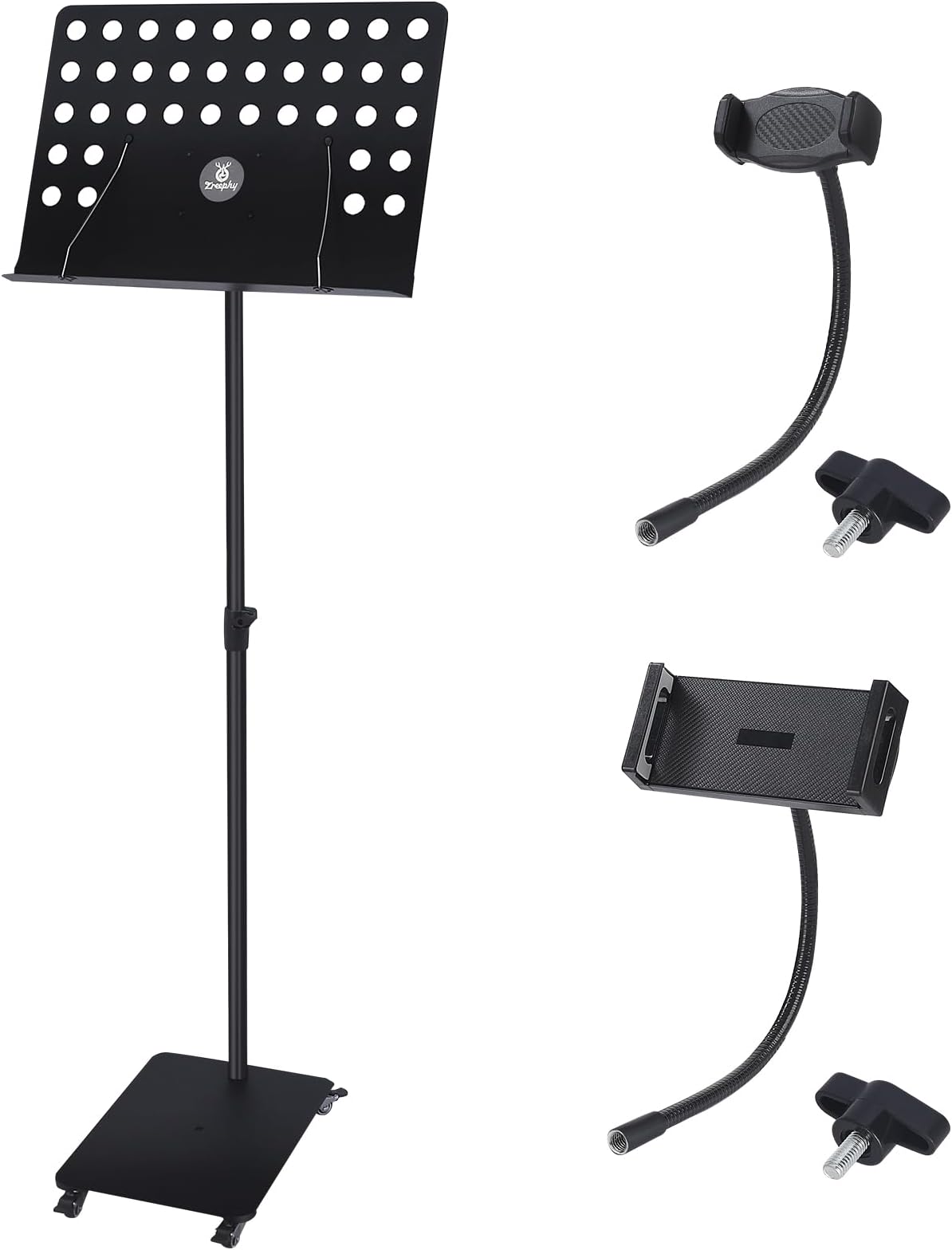 Movable Sheet Music Stand, Against Wall & Space Saving Professional Height Adjustable Metal Music Book Stand Holder with a Cell Phone Holder & Tablet Holder - MS01-LA (Black, L)