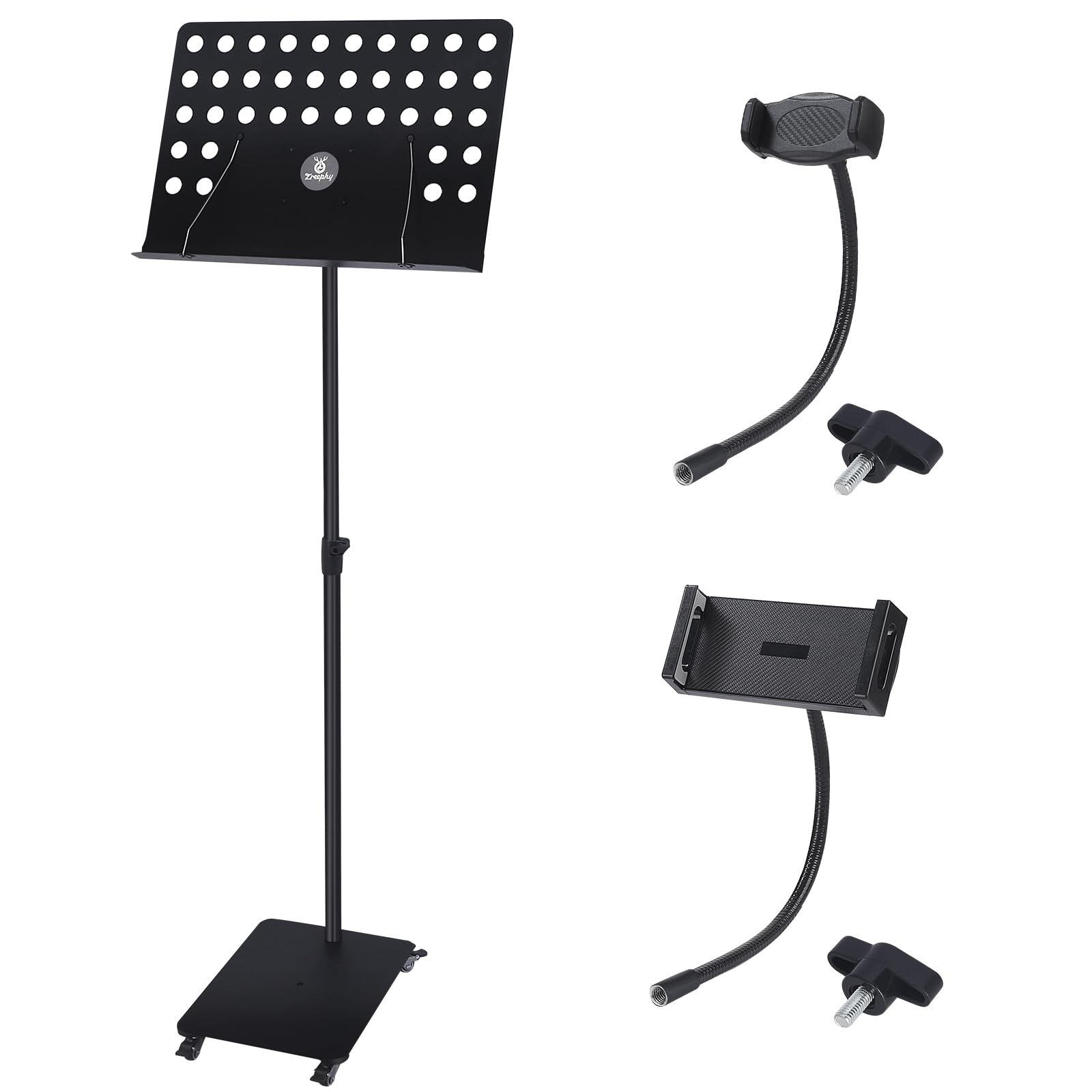 Movable Sheet Music Stand, Against Wall & Space Saving Professional Height Adjustable Metal Music Book Stand Holder with a Cell Phone Holder & Tablet Holder - MS01-LA (Black, L)