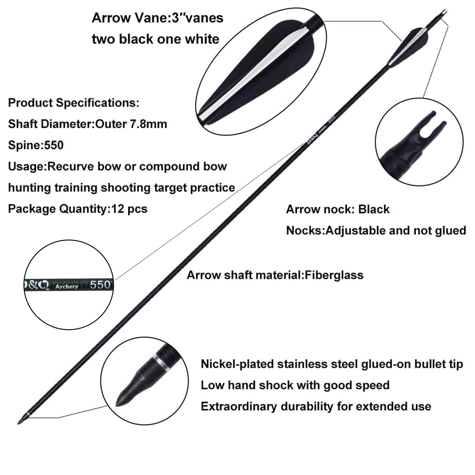 Archery Fiberglass Arrows 31 inch Spine 550 for Recurve Compound Bow with Replacement Tips Outdoor Practice Targeting