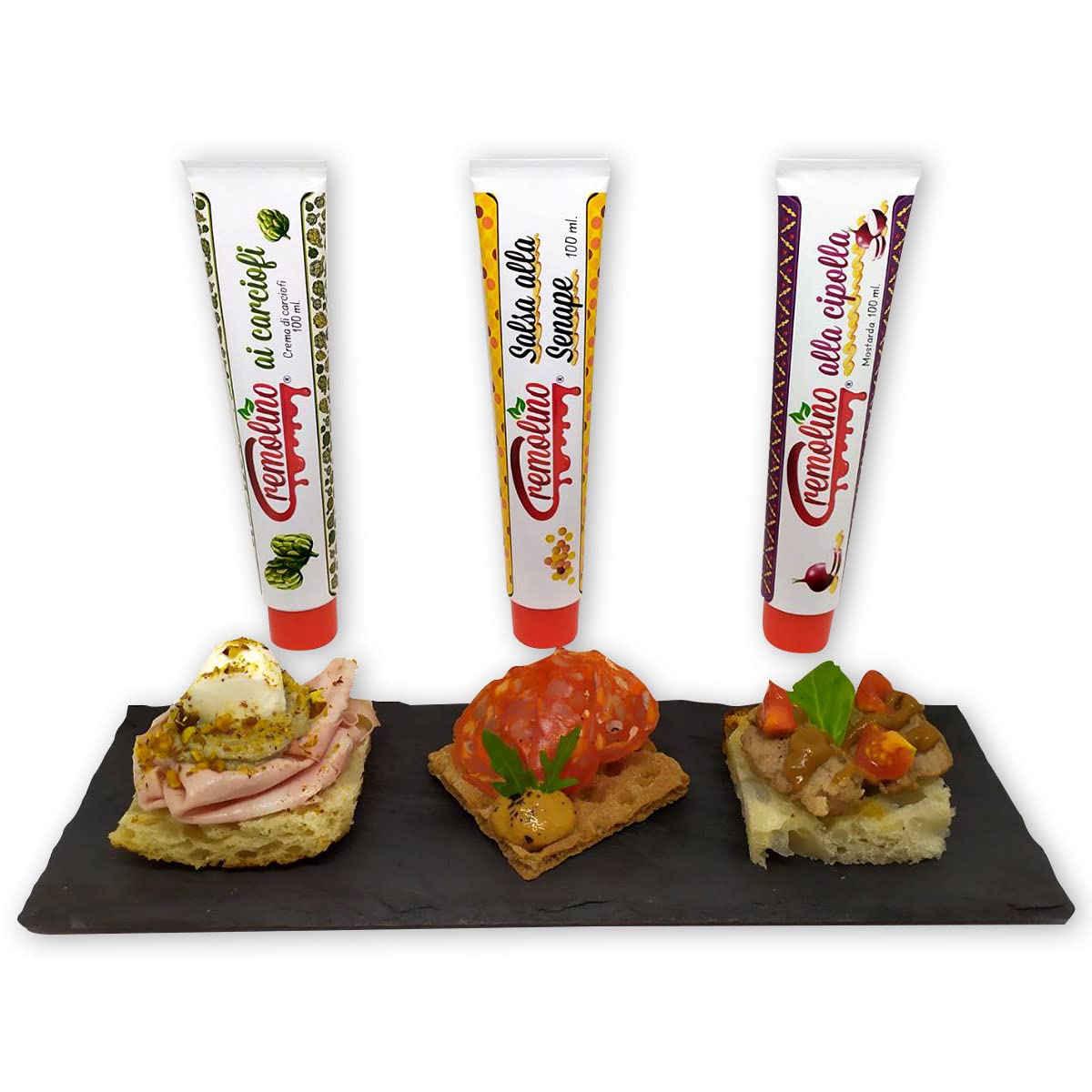 Paté Cremolino 100% naturale, lavorato a Km0, creme di verdura salate in pratici tubetti da 100 ml - Kit da 6 pezzi - Pronti da spremere, ideali per antipasti, piatti di carne e formaggi.