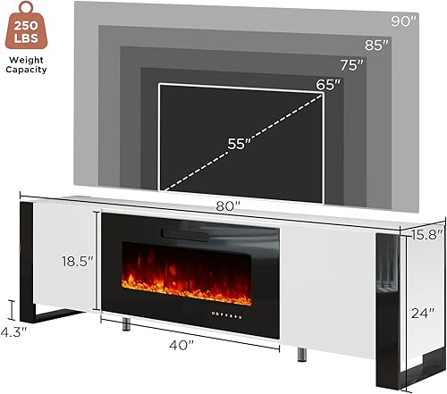 Miniatura 5 de AMERLIFE Soporte de TV con chimenea de 40 pulgadas, centro de entretenimiento moderno de 80 pulgadas con puertas de alto brillo y luces LED, patas