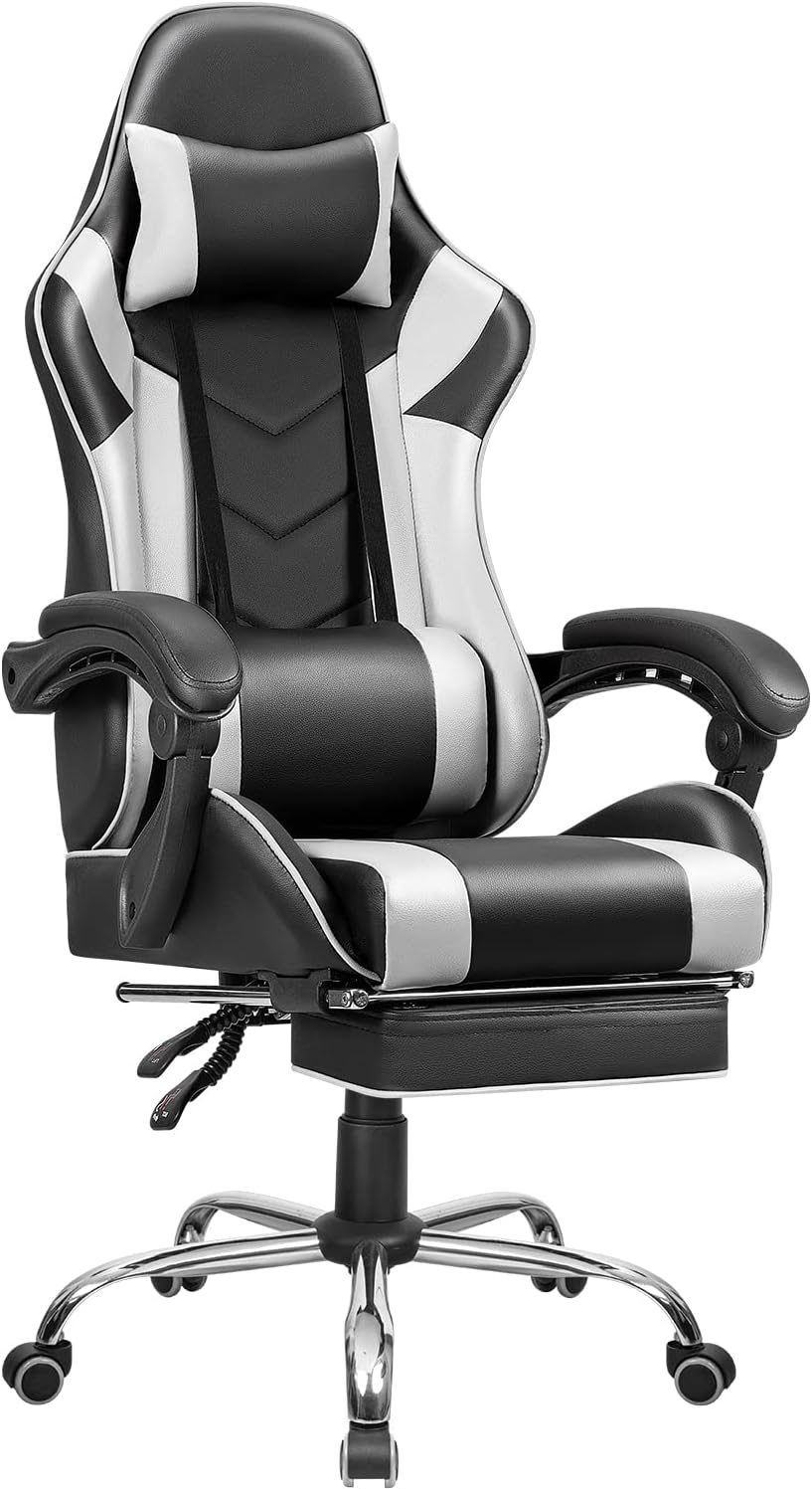 Shahoo Gaming Footrest High Back Esports Computer Racing Chairs Height Adjustable Leather Swivel Ergonomic Seat with Headrest and Lumbar Support, White