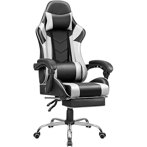 Shahoo Gaming Footrest High Back Esports Computer Racing Chairs Height Adjustable Leather Swivel Ergonomic Seat with Headrest and Lumbar Support, White
