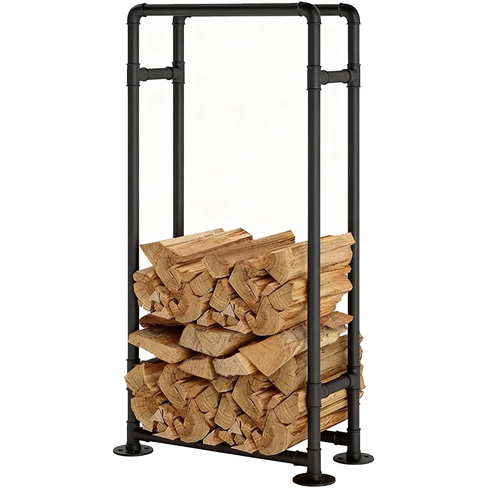 Duży stojak na drewno opałowe do użytku wewnątrz i na zewnątrz, wys. 90/130 cm, stabilny drewniany stojak z czarną powłoką proszkową, stabilna rama stalowa do kominka i ogrodu