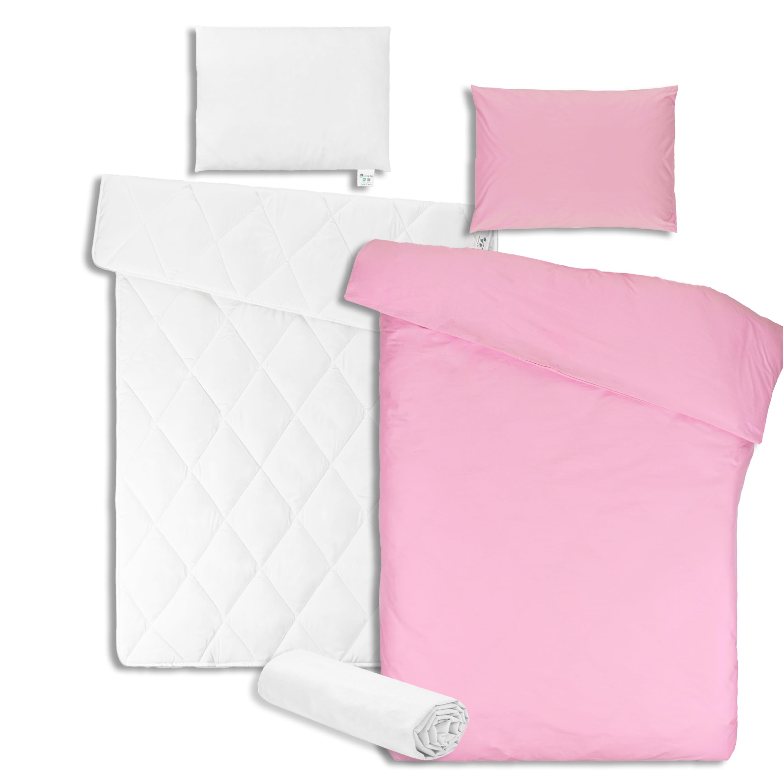 Drap Housse 80x160 (100% Coton) + Couette + Housse de Couette 120x170cm + Oreiller + Taie Oreiller 40x60cm - Parure 80x160 pour Lit Cabane (Blanc/Rose, Parure 80x160 cm (5 pièces))