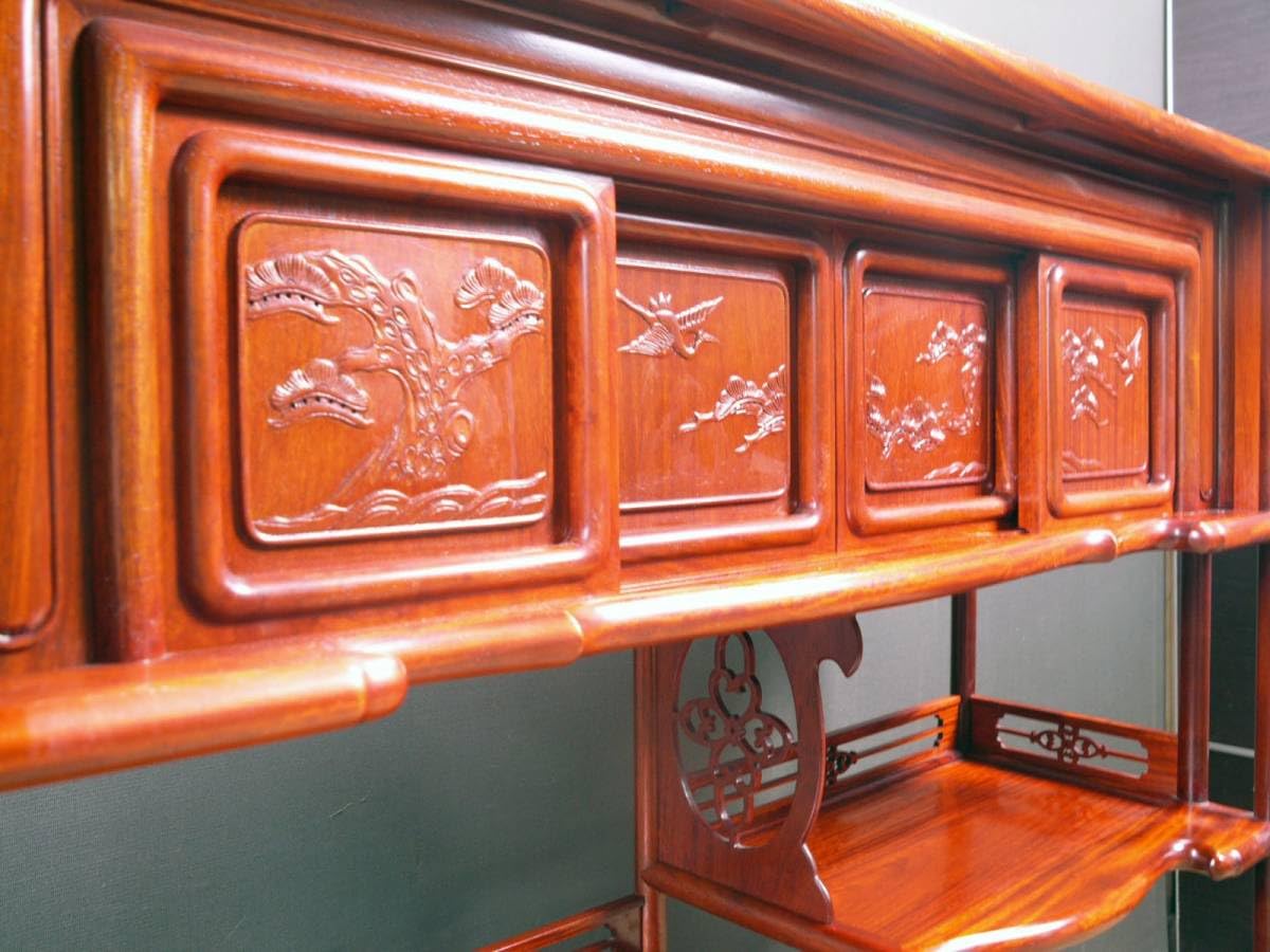 骨董品唐木家具本花梨 総無垢 茶棚 茶道具 飾棚 彫刻 透かし彫り 煎茶道具