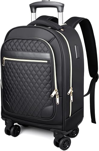 Women's 15.6" Wheeled Backpack -Lightweight Travel Trolley Carry-On Luggage (52x32x20cm) -Waterproof laptop bag on wheels & Telescopic Handle for Business, College, and Airplanes -35L Capacity - Black