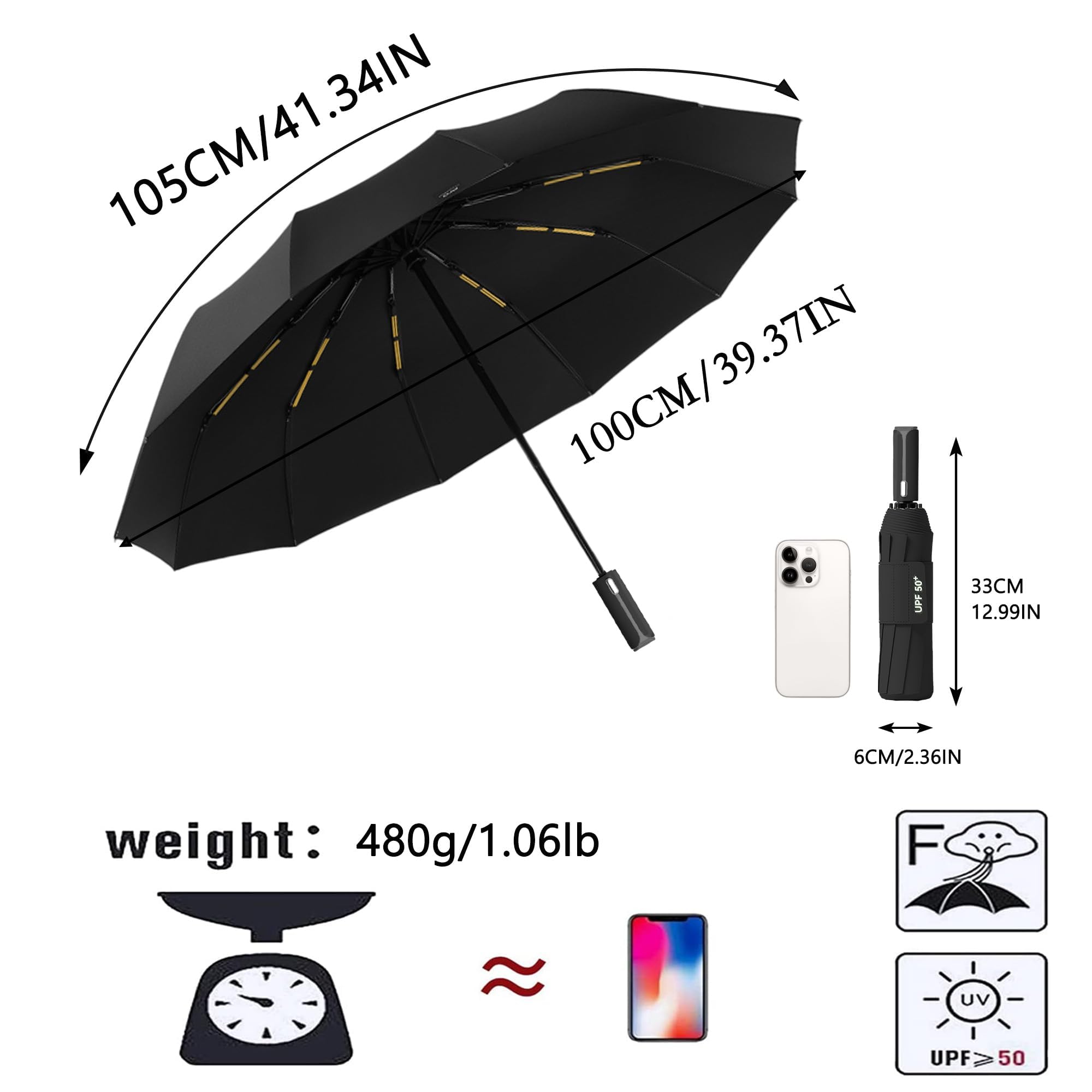 erised's bifrost Automatico Ombrello Pieghevole/Rivestimento Teflon/UPF 50/Sole Pioggia/10 Stecche Rinforzate/Pieghevole Compatto/Portatile/Da Viaggio/Uomo Donna