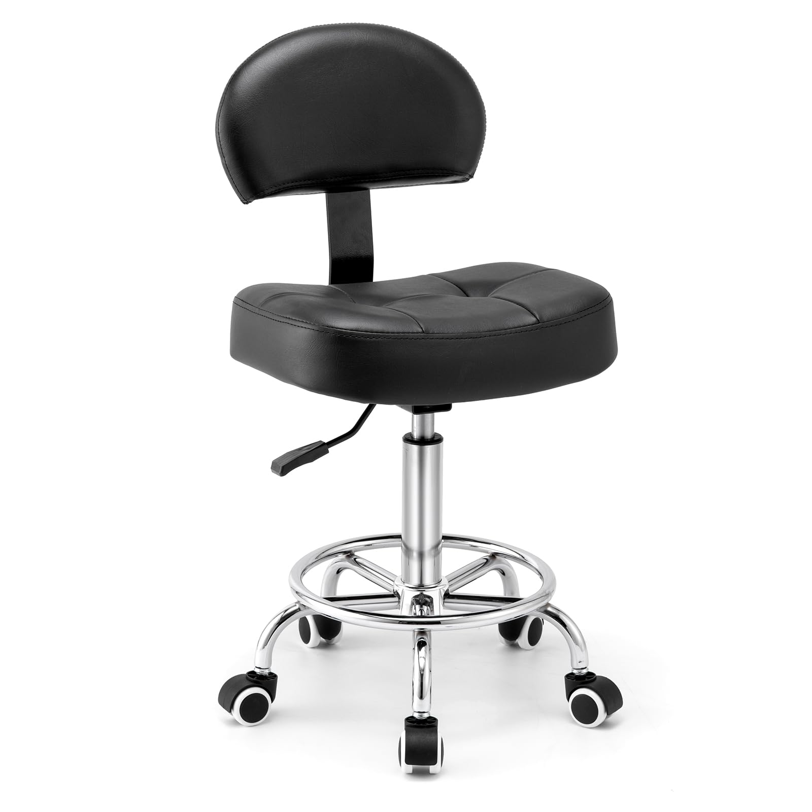 Rollhocker mit Lehne - Hocker mit Rollen und breitem, rechteckigem Sitzkissen | Rollhocker höhenverstellbar 51-64cm | Drehhocker mit Rollen mit gleichmäßigem Lauf | Ideal für Salon, Kosmetik (Tinte)