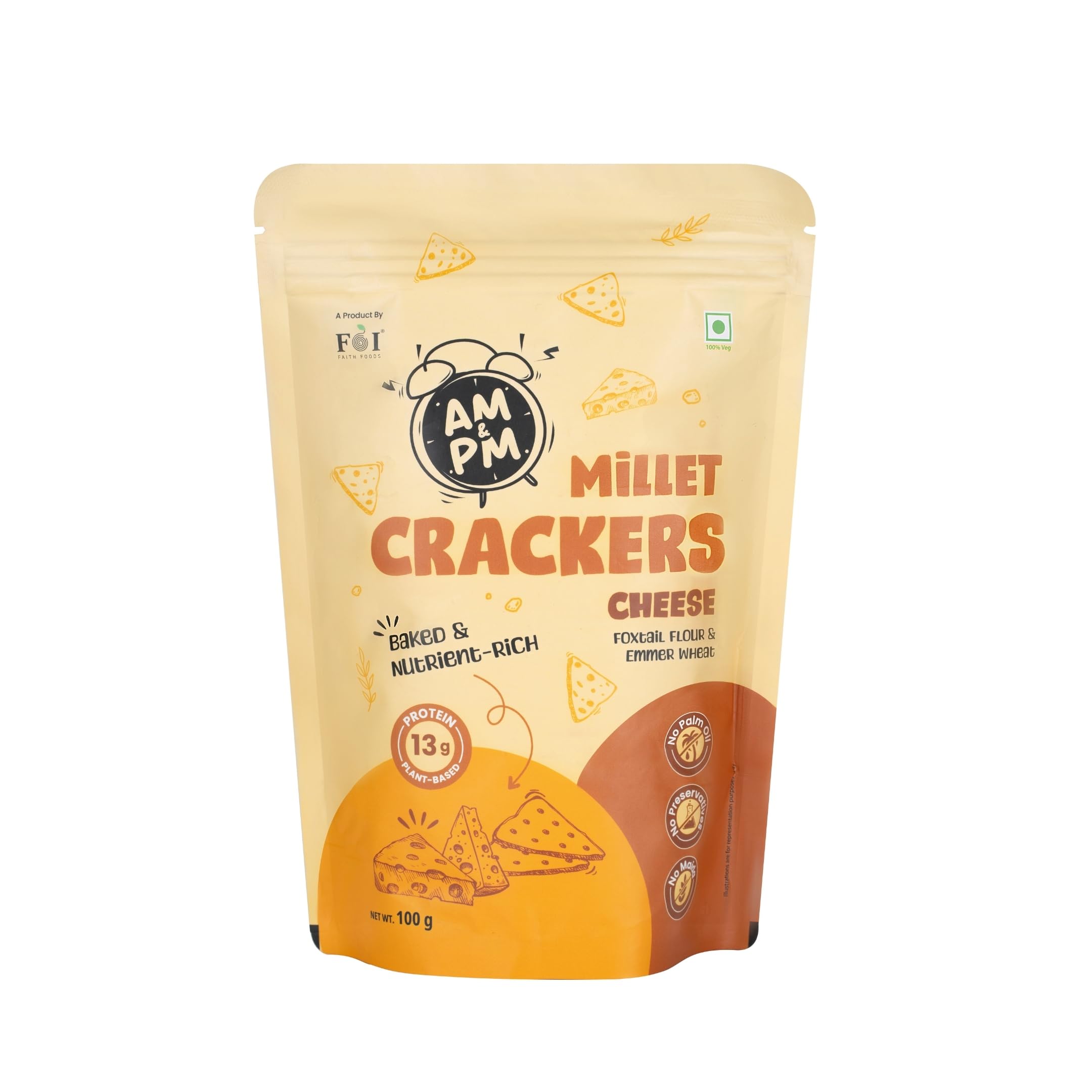 FaithFoods Millet Crackers 100g | Cheese Flavor | Foxtail Flour & Emmer Wheat | Baked & Nutrient-Rich | Plant Based Protein | No Maida, No Palm Oil & No Preservatives | Healthy Snacks-picture-24