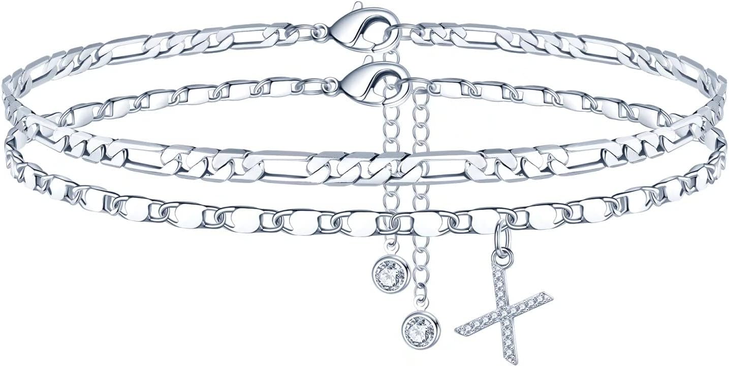 Ursteel Ankle Bracelets for Women, 14K-Gold-Plated Dainty Layered Chain CZ Initial Anklets Set Summer Jewelry Gifts for Women