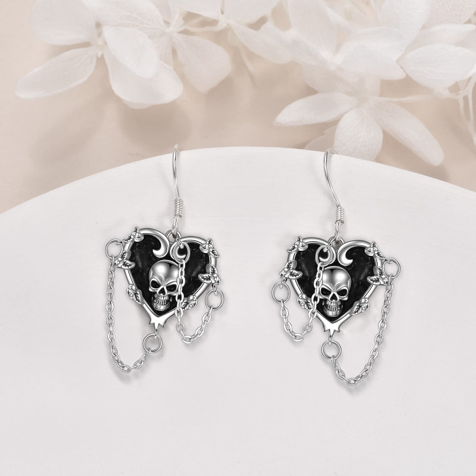 Orecchini da donna a forma di cuore, rosa gotica, stetoscopio, teschio, in argento Sterling 925, con rosa nera, Argento sterling Zirconia cubica, Zirconia cubica