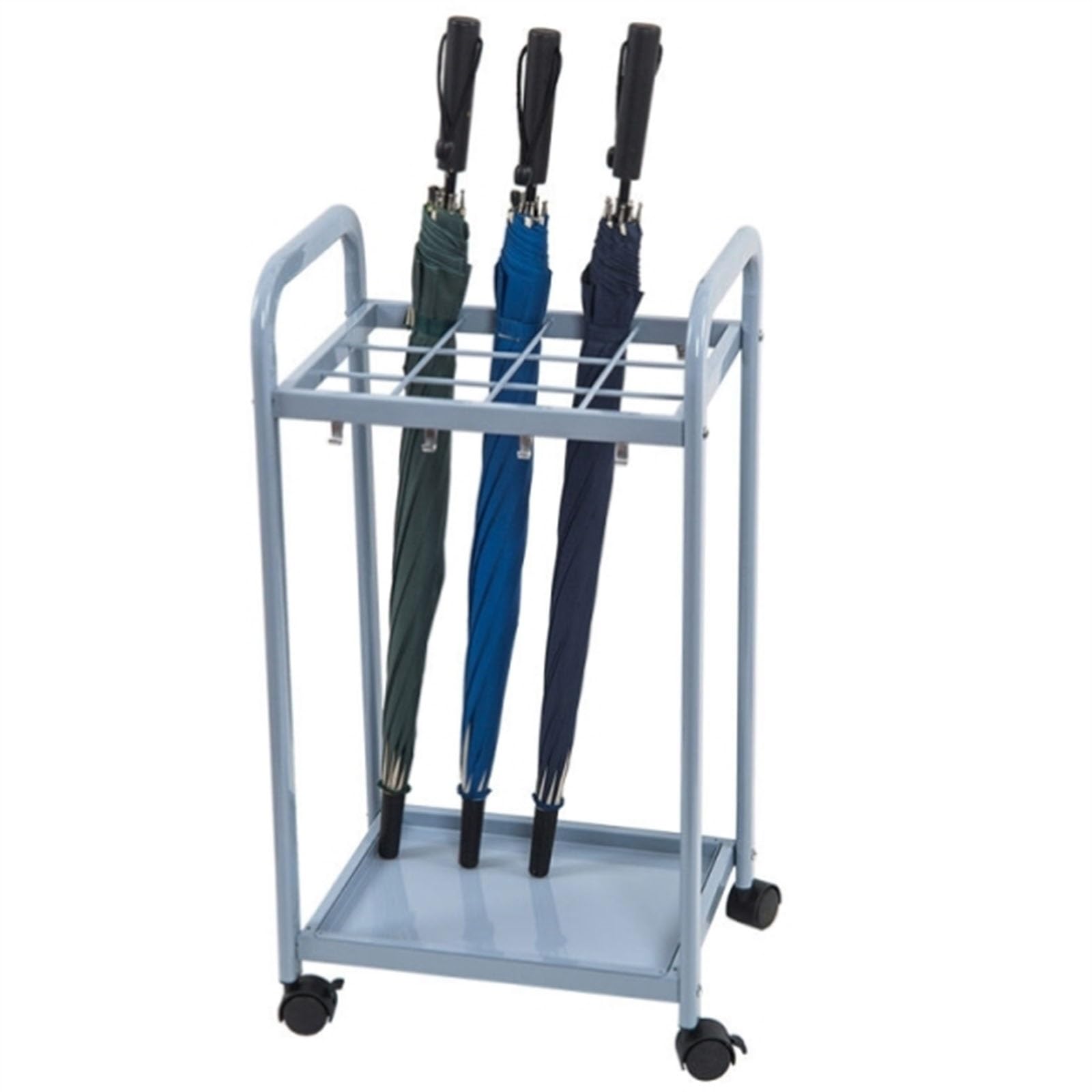 Porte-parapluie métallique mobile à grande capacité équipé d'un bac de récupération d'eau