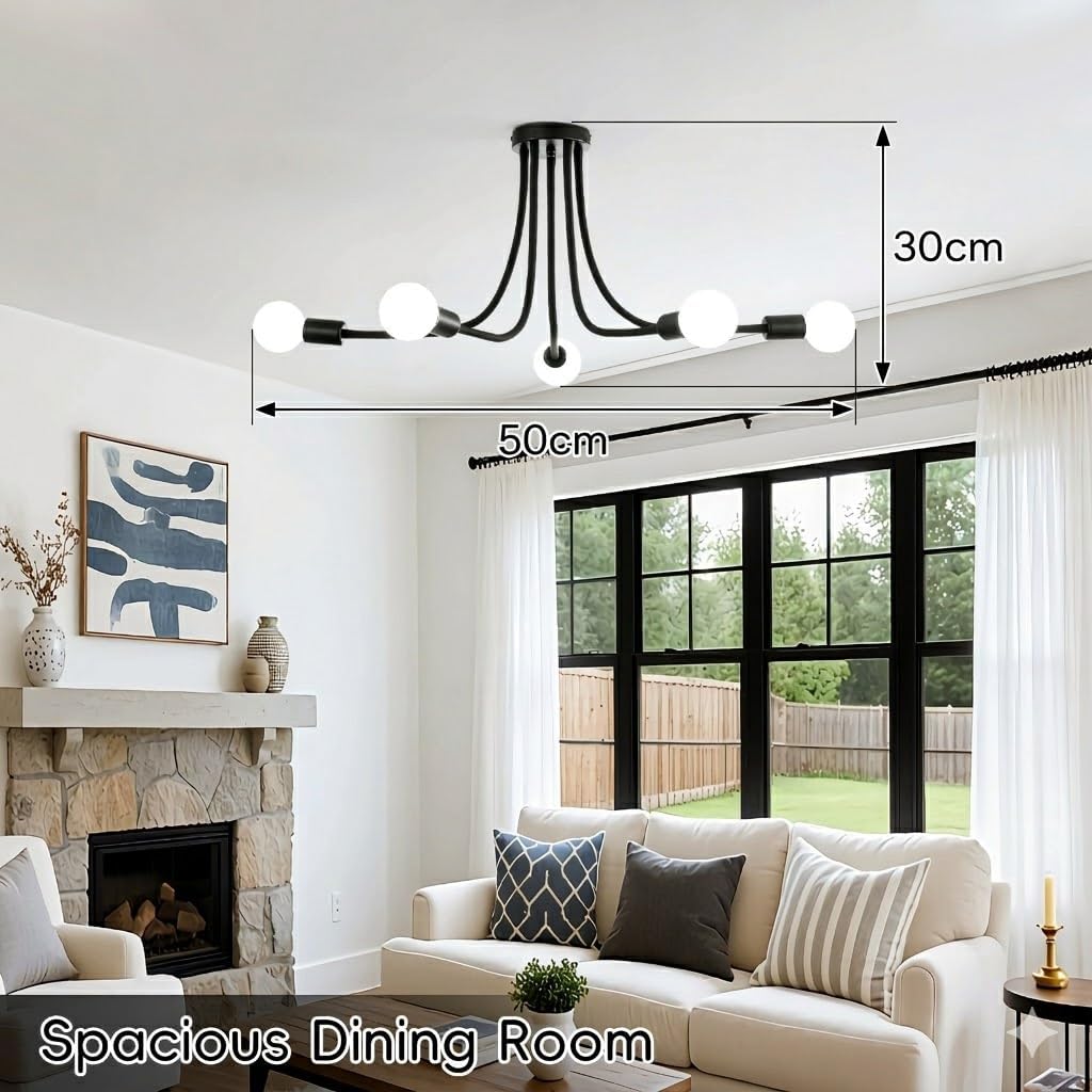 Modern Industrial 5-Light Semi Flush Mount Ceiling Light, Black Metal Sputnik Chandelier with Adjustable Arms, DIY Spider Lighting Fixture for Bedroom, Living Room, E26 Base
